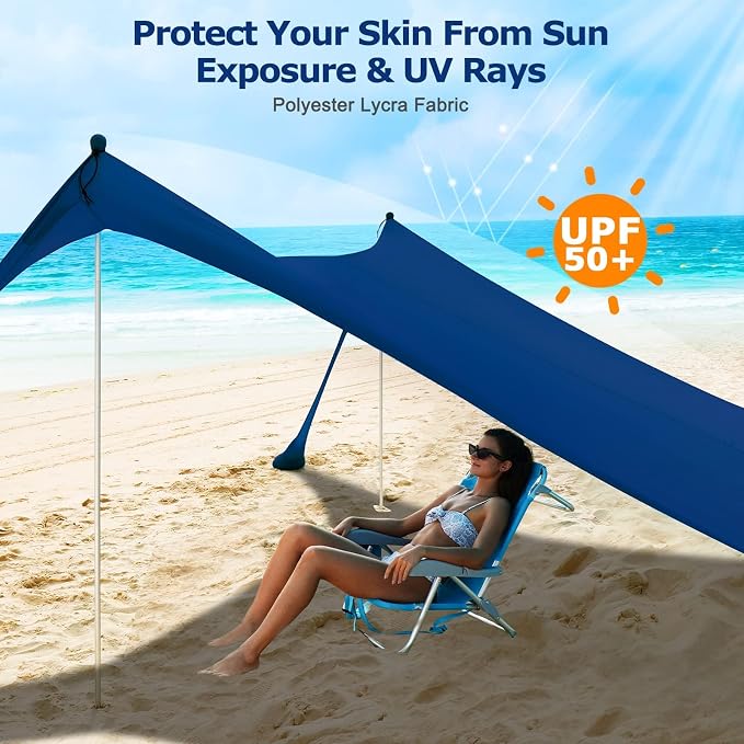 COMMOUDS Beach Tent Sun Shelter - UPF50+ Pop Up Beach Canopy with Sandbags & Sand Shovel & Windproof Poles, Portable Sun Shade for Beach, Camping, Picnics, Backyard - Image 3