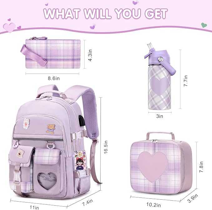 ACESAK Backpack for Girls with Insulated Water Bottle, Bookbag Backpack for Girls Kids, 14oz Kids Water Bottle Stainless Steel, Lunch Bag & Pencial Case, Back To School Gift (Purple) - Image 2