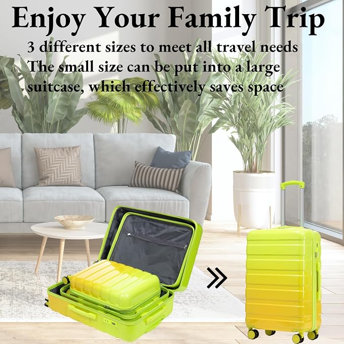 3-Piece Luggage Set 20/24/28’’ Hard-shell with 360° Spinner Wheels, Gradient Color Suitcase with Combination Lock, Lightweight PC Material, (Green+ Yellow) - Image 4