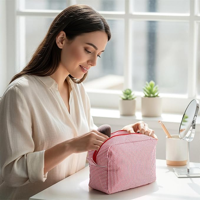 Sanwuta 6 Seersucker Cosmetic Bag Bulk Striped Makeup Bag for Women Aesthetic Cute Travel Toiletry Organizer Preppy Storage Pouch for Wedding Bridesmaid Mother's Day Teacher Gift (Large,Classic) - Image 5