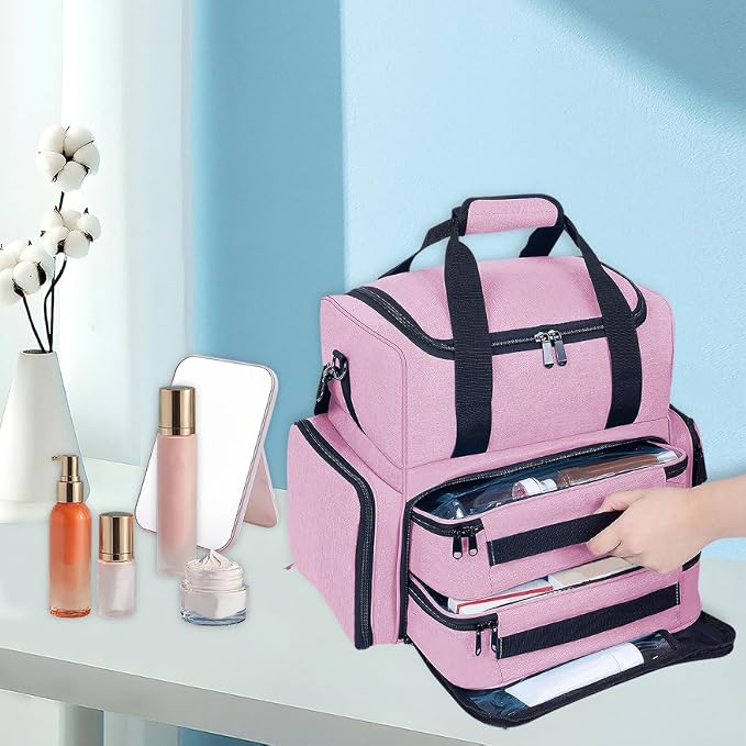 Large Makeup Bag with 2 Removable Case Cosmetic,Pink | Large Makeup Bag with 2 Removable Case Multifunctional Cosmetic Bag Double Layer Travel Toiletry Organizer - Image 6
