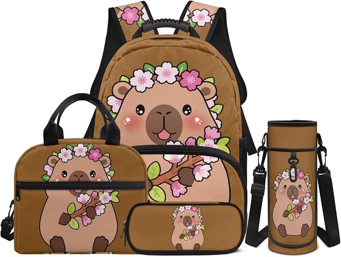 4 PCS Backpacks for Kids Capybara Backpack School Bag with Reusable Lunch Box Water Bottle Carrier Bag Pencil Case Set Preschool Kindergarten by Unknown