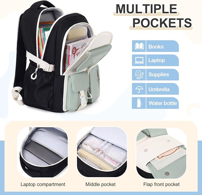 DIGOBAY Backpacks for Girls, 3PCS School Backpack with Lunch Box Pencil Pouch for Teen Girls Kids Elementary Primary Middle High College Travel School bag Bookbag Set （Black Green） - Image 3