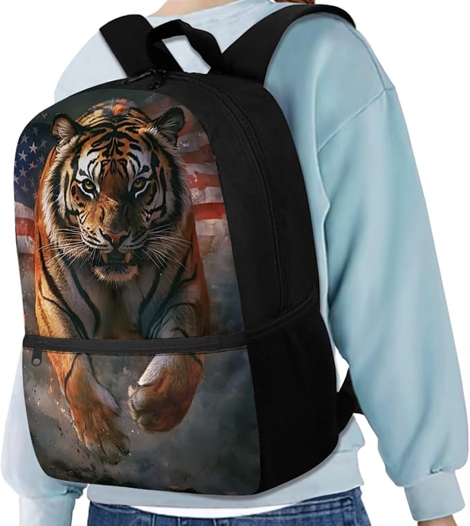 American Flag Tiger Backpack for Kids Boys Backpack with Lunch Box Water Bottle Holder and Soft Pencil Pouch 4PCS Set Lightweight Bookbag with Front Pocket 17 inch Large Capacity School Bag - Image 2