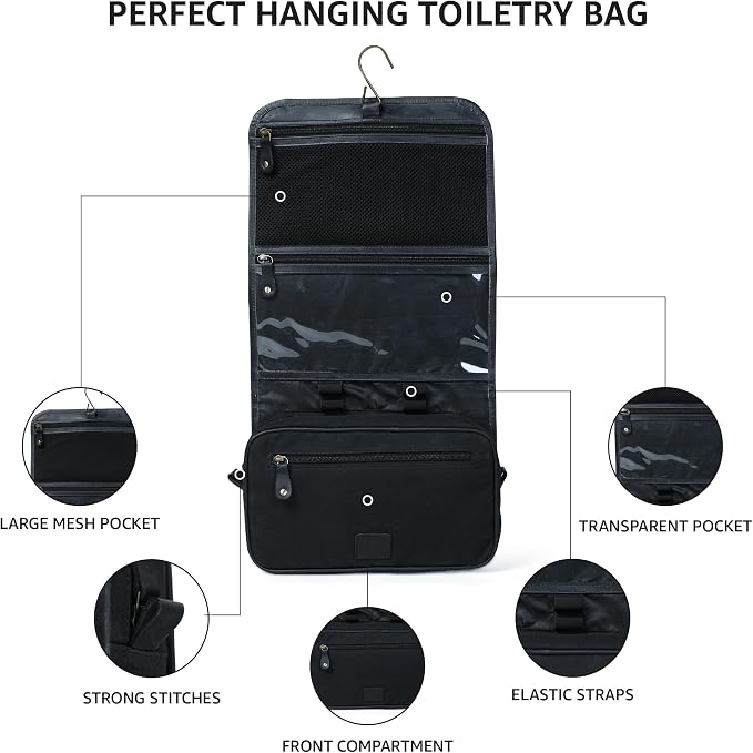 LEATHER VILLAGE Hanging Genuine Leather Toiletry Bag for Men & Women with Waterproof Lining – Handcrafted Vintage Travel Dopp Kit, Shaving Organizer & Shower Bathroom Essentials Case - Black - Image 4
