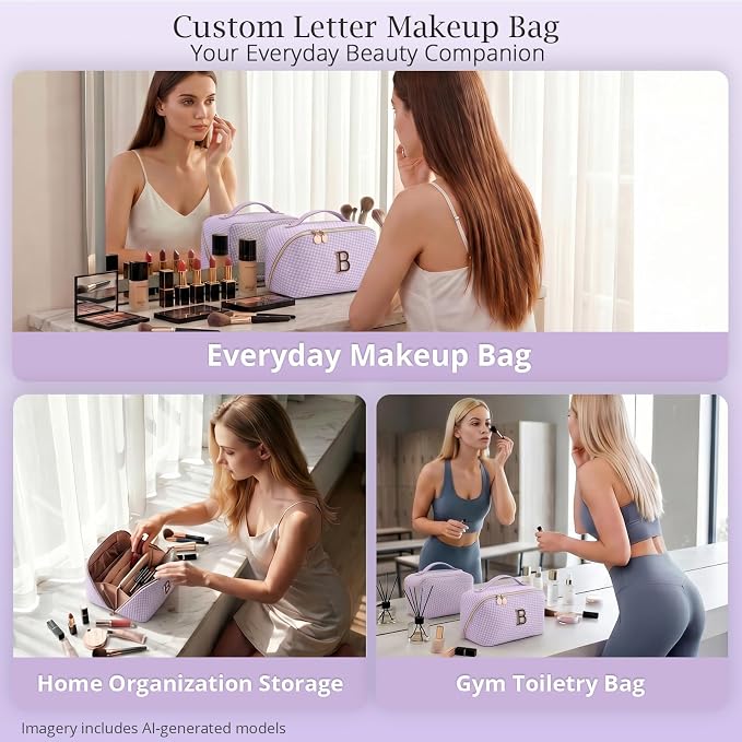 Personalized Gift Travel Makeup Bag: Initial Makeup Organizer Bag for Women | 3-in-1 Custom Make up Bag Set - Vegan Leather Travel Cosmetic Bag - Luxury Gift for Women – Birthday, Anniversary, Graduation - Image 9