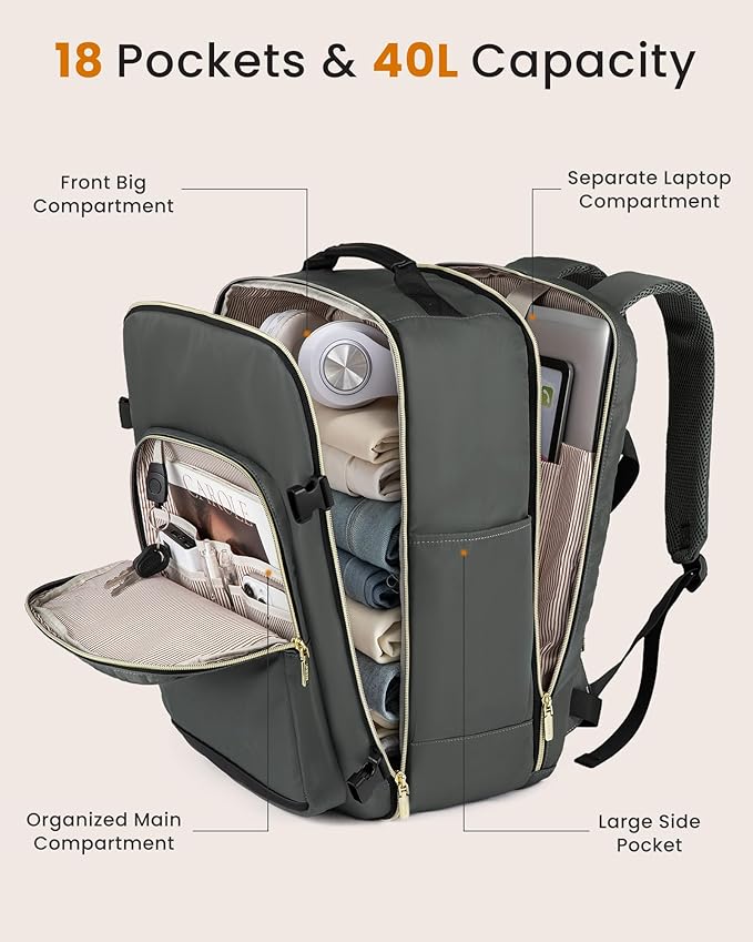 LOVEVOOK 40L Large Travel Backpack for Women, Carry on Backpack Airline Approved, Waterproof Travel Essentials fits 18" Laptop, TSA Personal Item Travels Bag Sports Backpack with 3 Packing Cubes - Image 3