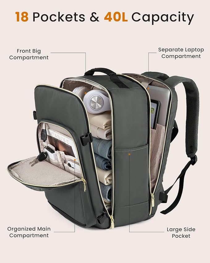 LOVEVOOK 40L Large Travel Backpack for Women Men, 17 Inch Carry on Backpack for Traveling on Airplane, Personal Item Travel Bag Airline Approved, Business Causal Weekender Backpack, Grey Green-Black - Image 4