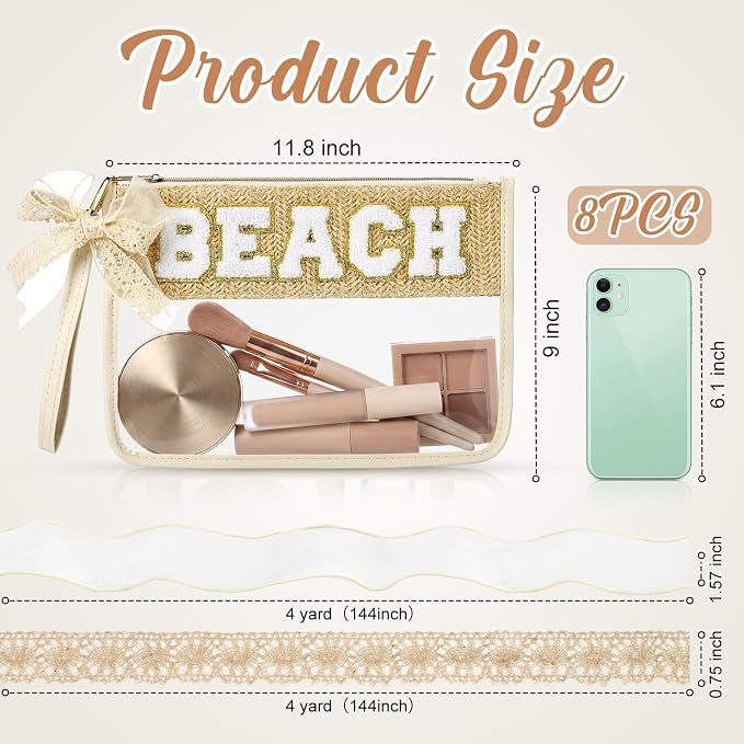 8 Pcs Boho Woven Straw Beach Makeup Bag Bulk Chenille Letter Bag Nylon Makeup Clear Zipper Pouch Preppy Waterproof Beach Necessities Vacation Essentials Toiletry Organizer for Women - Image 3