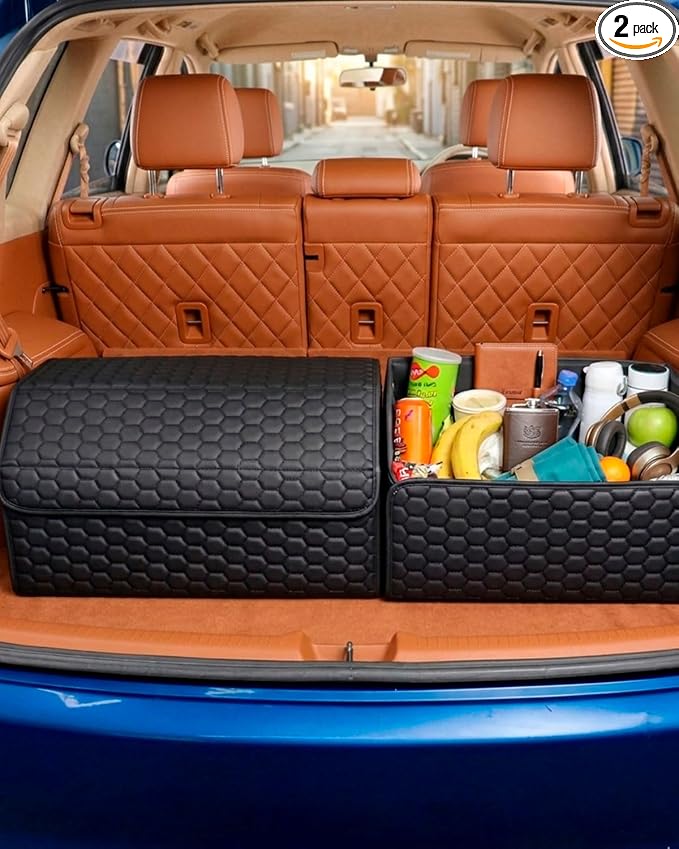 Owleys Car Storage Organizer Bundle - Two Foldable Crates For Groceries, Gear & Trips - Durable SUV And Truck Storage Set - Thoughtful Birthday Gifts For Drivers (Black 17+21) by OwleysCarAccessories