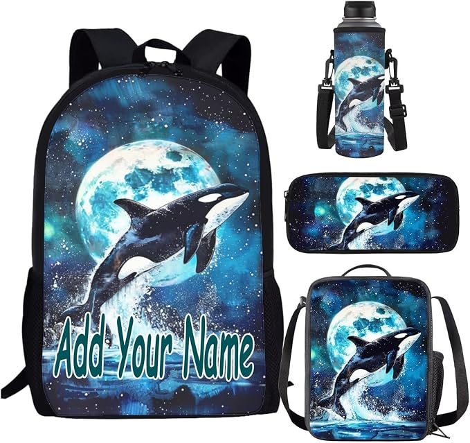 Personalized Killer Whale Girls Backpacks Ages 10-12/8-10/6-8 with Lunch Box Galaxy Moon Kids School Bookbag Lunch Bag Pencil Case Custom Book Bag Lunchbox Water Bottle Holder Set Back Pack by SCRAWLGODDreamWardrobe
