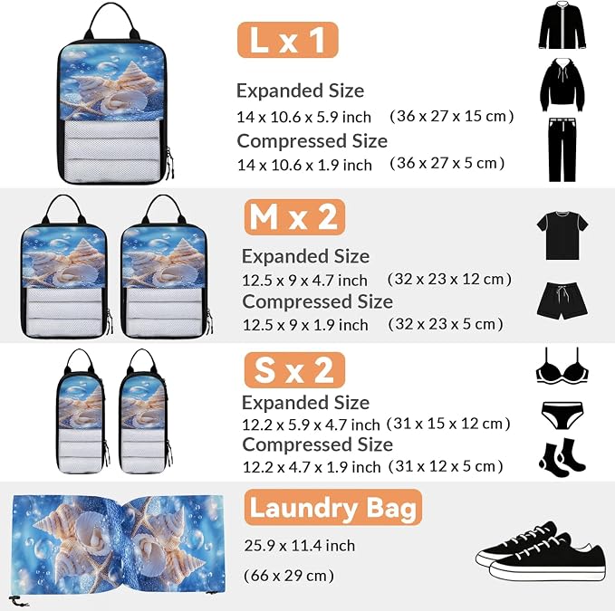 Seashell Compressible Packing Cubes for Suitcase 6 Set Lightweight Expandable Compression Packing Travel Luggage Organizer - Image 2