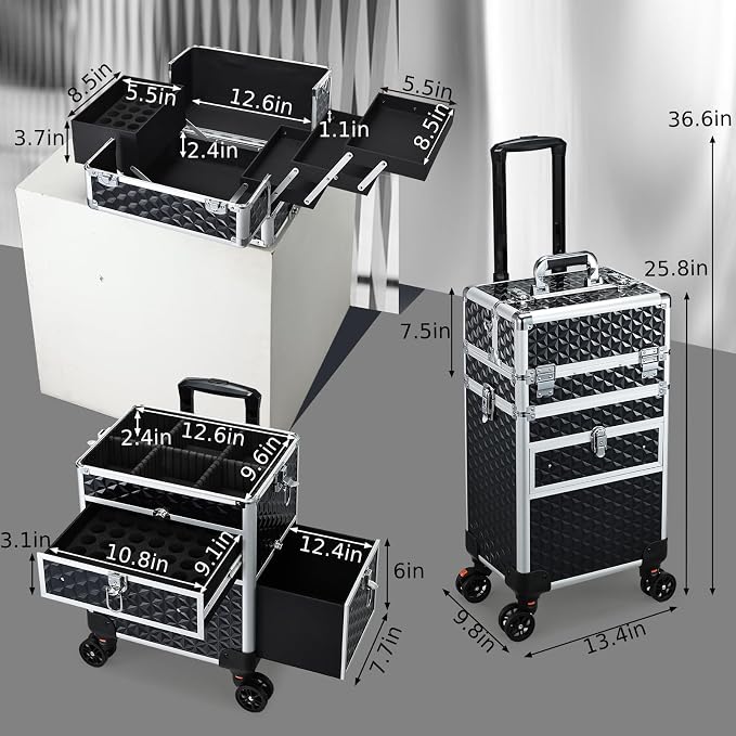 Joligrace Rolling Makeup Case with Drawers - Tattoo Storage Organizer Travel Cart for Nail Tech, Cosmetology, Barber Tools - Portable Suitcase on Wheels - Image 6