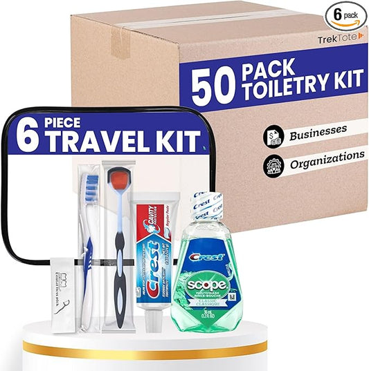Trektote Bulk Toothpaste and Toothbrush Set- (50 Pack) 6 Piece Dental Care Kit, TSA Compliant, Includes Toothpaste, Toothbrush, Mouthwash, Flosses and Premium Toiletry Bag