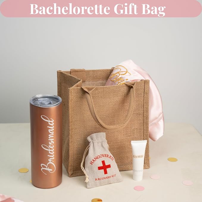 10 Pack Bridesmaid Bachelorette Gift Bags，Bulk Small Burlap Jute Tote for Wedding Welcome Bridal Shower with Pink Ribbon - Image 3