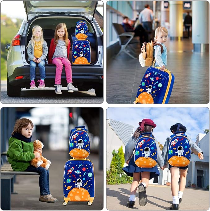 HONEY JOY Kids Luggage, 12" Toddler Backpack & 18" Travel Suitcase with Wheels, Lightweight Toddler Suitcase, Durable ABS Hardshell, 2Pcs Carry On Luggage Set for Boys Girls, Blue Astronaut - Image 6