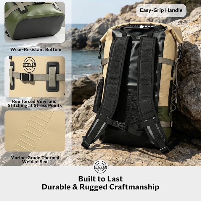 STOVER 40L Waterproof Dry Backpack & Phone Case - X-Large Floating Dry Bag for Kayaking, Travel, Hiking, Fishing, Camping, Motorcycles & Beach, Heavy-Duty Roll Top Men/Women (Tan/Army Green/Brown) - Image 5