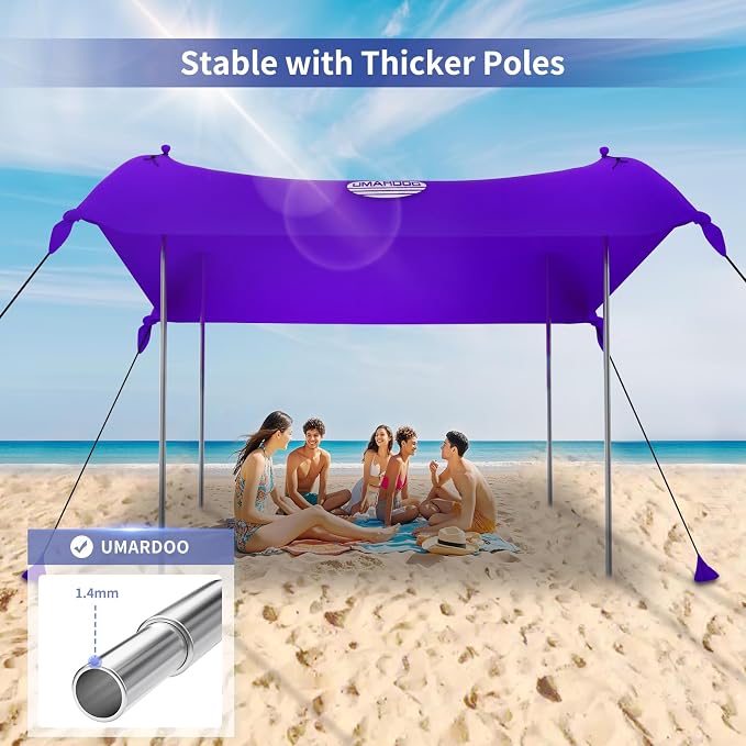 UMARDOO Family Beach Tent Canopy Sun Shade Portable, Large Compact Beach Sun Shelter Easy Setup with Packable Bag for Outdoor Travel (Purple, 12X12 FT. 4Poles) - Image 5
