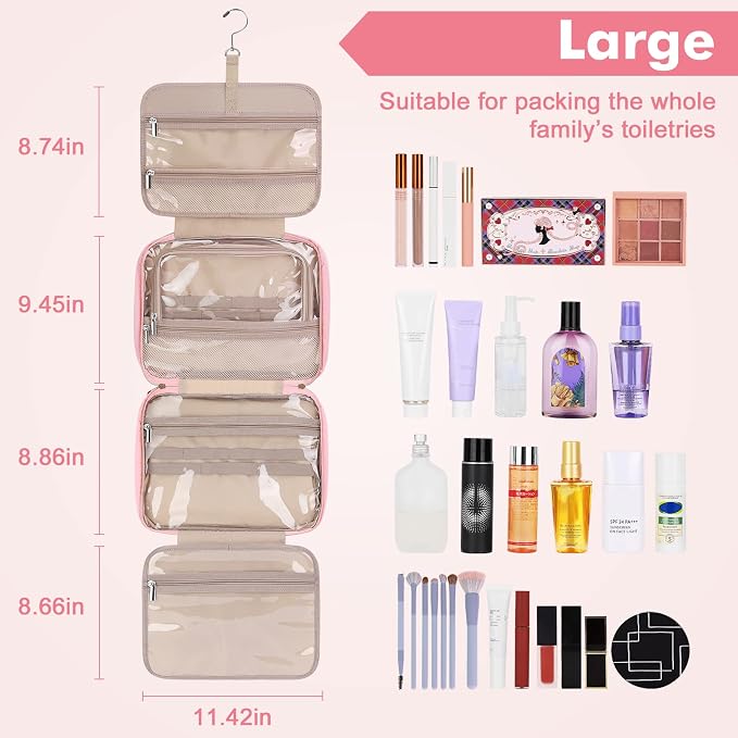 Wedama Toiletry Bag for Women, Large Cosmetic Travel Bag, Hanging Toiletry Bag for Bathroom, Thickened PVC Waterproof Travel Makeup Bag, Toiletries Bag for Travel Business Trips and Camping, Pink - Image 2