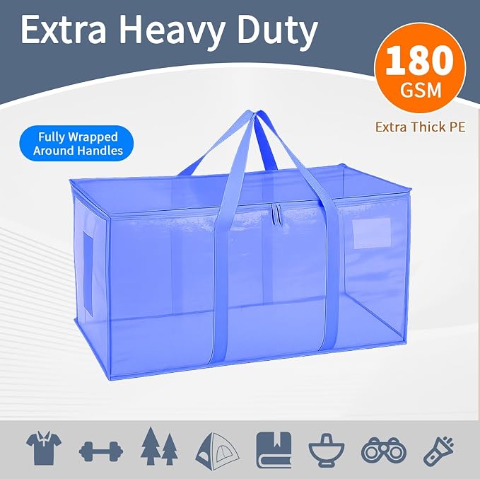 4 Pack-Extra Large Heavy Duty Moving Bags - Waterproof Storage Totes with Handles & Zippers, Foldable for College Dorm, Storage (Blue) - Image 3