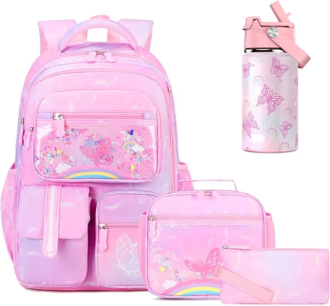 ACESAK Kids School Backpack for Girls, Rainbow Bookbag Backpack with 14OZ Water Bottle, Lunch Bag Set for GirlsTeens Middle Student, Girls Backpacks for School (Pink) by ACESAK
