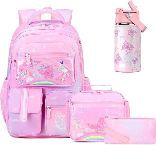 ACESAK Kids School Backpack for Girls, Rainbow Bookbag Backpack with 14OZ Water Bottle, Lunch Bag Set for GirlsTeens Middle Student, Girls Backpacks for School (Pink) by ACESAK