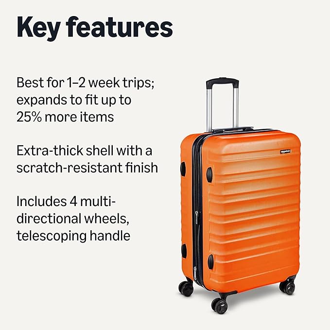 Amazon Basics 26" Hardside Medium Checked Luggage, Expandable Hardshell Suitcase with Wheels, Scratch-Resistant Surface, Four Multi-directional Wheels, Orange - Image 2