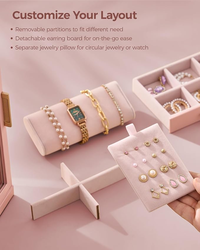 Glimmloop 360° Rotating Jewelry Box with 7 Drawers, Spacious Vertical Jewelry Organizer with Glass Window, Jewelry Storage Case, Dustproof & Moisture-resistant Design, Pink - Image 6