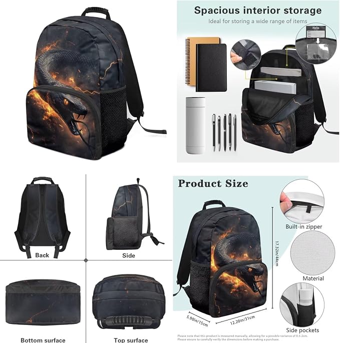 Elementary Boys Backpack with Lunch Box Flame Python Snake Bookbags for 5th Grade Kids with Large Capacity 17 Inch Backpack for Boys Portable Pencil Case Bottle Sleeve for Back to School - Image 7