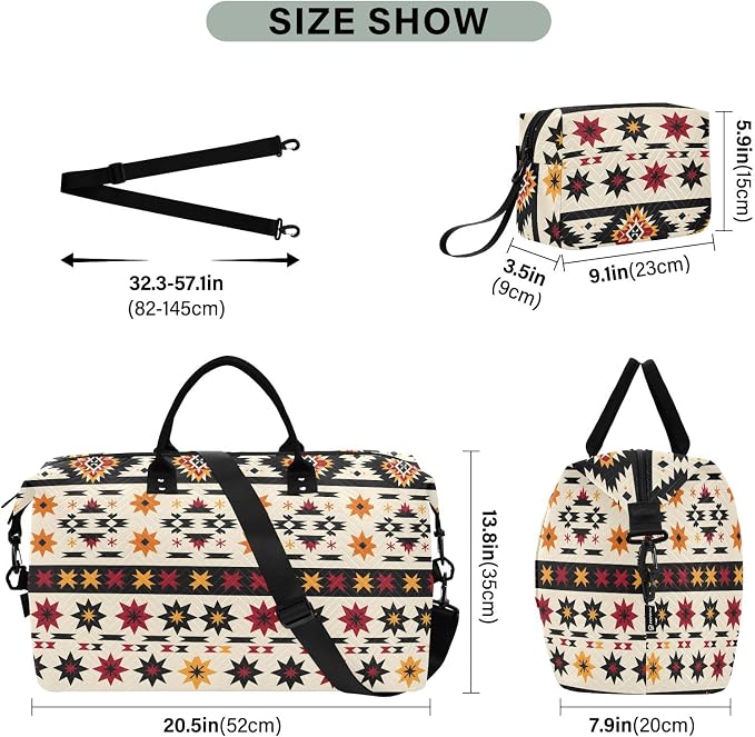 Weekender Bags Travel Duffel Gym Bag Indian Aztc Western Carry on Overnight Tote Bag with Toiletry Bag for Airplane Travel Trip Gym Yoga - Image 3