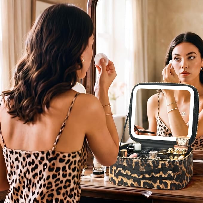 Makeup Travel Train Case with Mirror LED Light 3 Adjustable Brightness Cosmetic Bag Portable Storage Adjustable Partition Waterproof Makeup Brushes Makeup Jewelry Gift for Women (Leopard Print) - Image 6