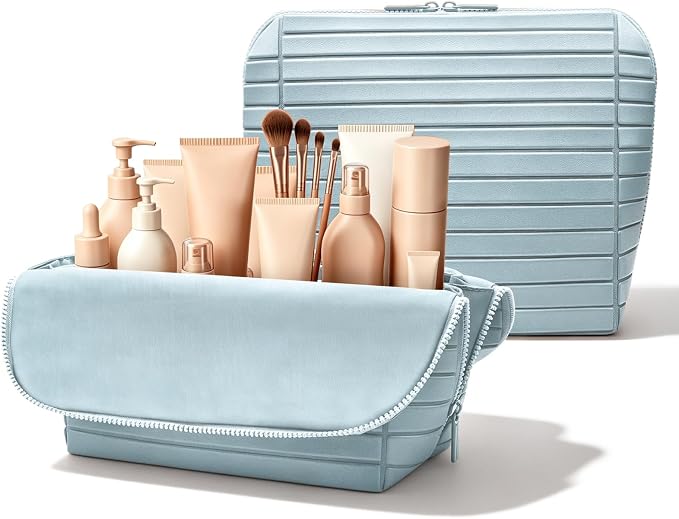 Travel Makeup Organizer Bag with Fold-Down Design and Adjustable Dividers, 27 Pockets & 3 Brush Storage Holders, Large Capacity Cosmetic Bags Toiletry Case (Light blue, Large) by Unknown