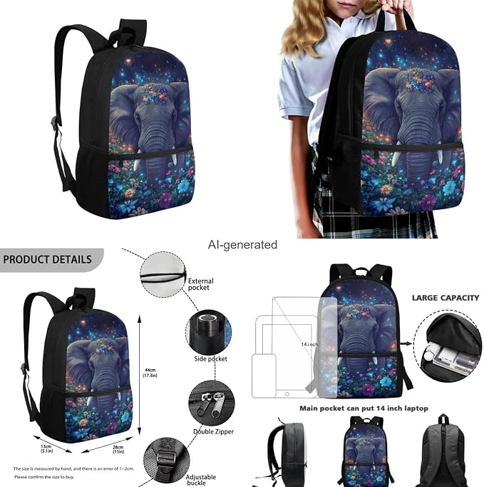 Aesthetic Elephant Backpack for Kids Girls Backpack with Lunch Box Water Bottle Holder and Large Pencil Case 4PCS Set Bookbag with Front Pocket 17 inch Lightweight School Bag with Side Pocket - Image 3