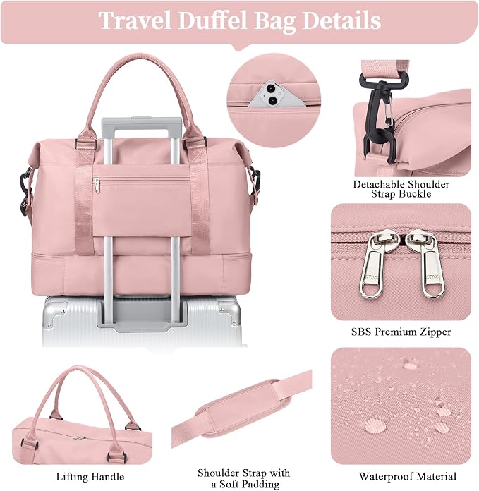 Weekender Bags for Women, Personal Item Travel Bag with Shoes Compartment | Overnight Travel Duffel Bag with Quilted Toiletry Bag, Airplane Friendly Carry-On Bag - Image 7