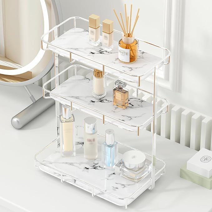 Bathroom Organizer Countertop Perfume Organizer Makeup Organizer Cosmetics Storage Display Rack Vanity Tray Dresser Stainless Steel Gold Shelf White Marble Ceramic Tray by Dobbyby