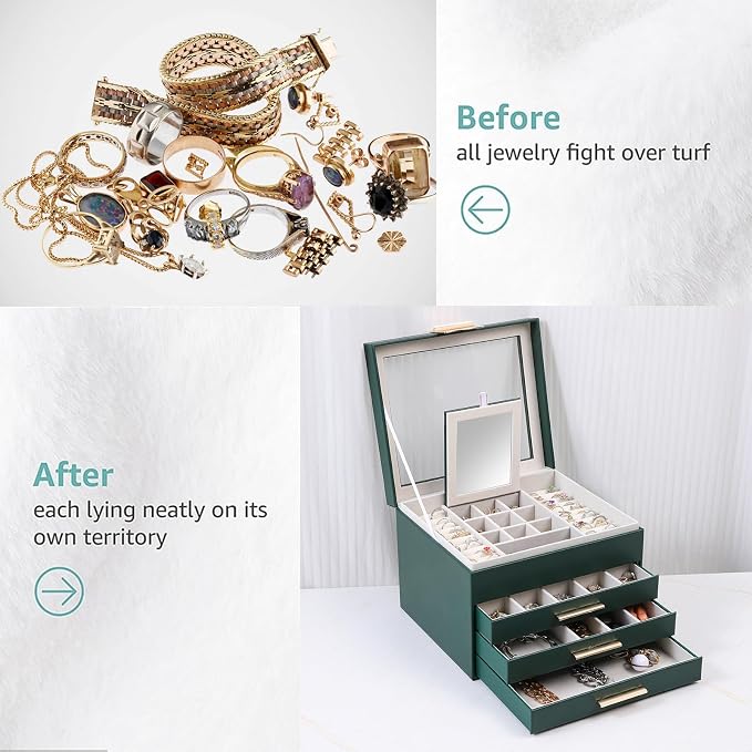 BOOVO Clear Lid Jewelry Box,3 Layers Jewelry Organizer Large Jewelry Storage Box with 2 Drawers,Jewelry Holder Organzier of Rings Earrings Necklace Bracelets for Women (Dark Green, 4 Layer) - Image 6
