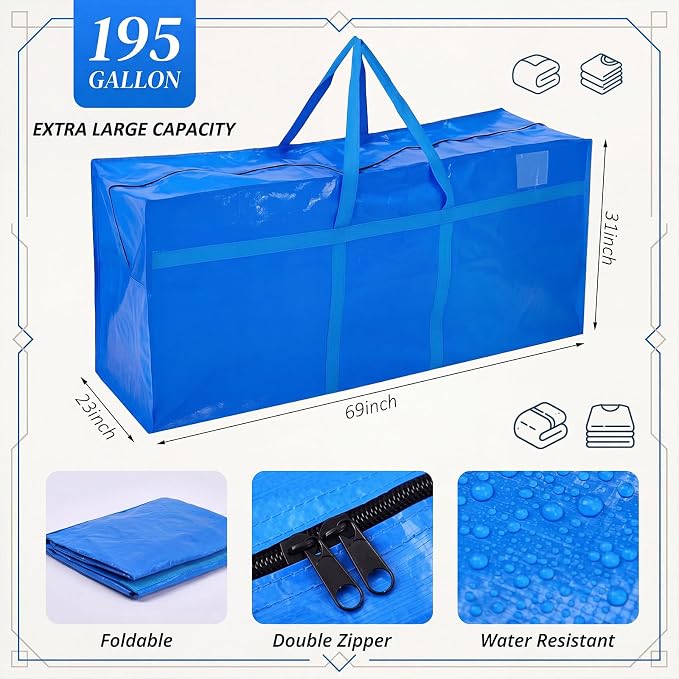 Windyun 4 Pack 195 Gallon Extra Large Moving Bags XXL Heavy Duty Storage Bag with Strong Zipper Handle Jumbo Big Tote Box Foldable for College Dorm Travel Clothes Duffle Blanket Pillow(Blue) - Image 2