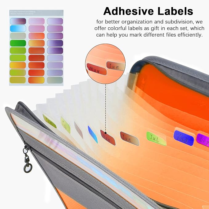 NAFY Expanding File Folders, 2Pack 13 Pockets Document Organizer with Zipper, A4 Letter Size Portable Accordion Expanding File Folders with Multicolor Labels for Office School Supplies (Black+Orange) - Image 5