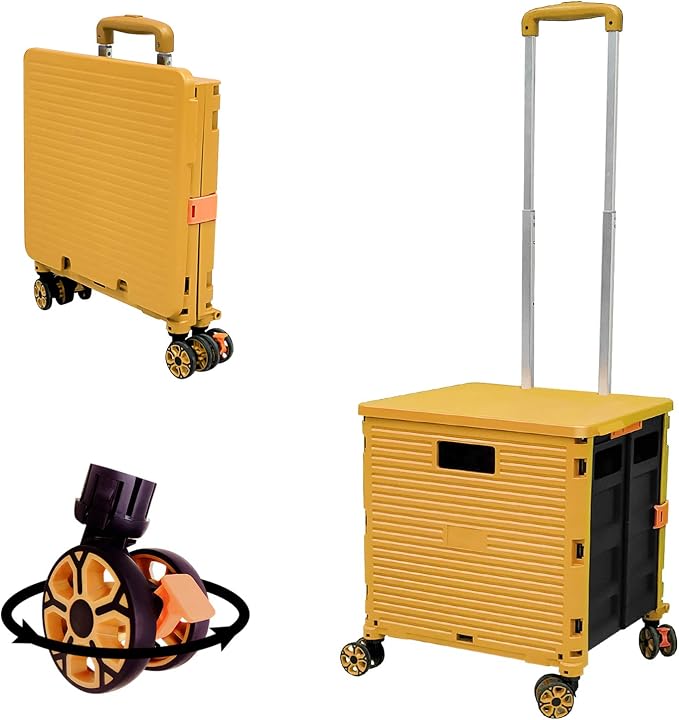 FELICON SELORSS Foldable Utility Cart Folding Portable Rolling Crate-Yellow | Durable,Heavy Duty,Plastic Box,Telescoping Handle,4 Rotate Wheels,Collapsible Handcart for Travel Shop Move Luggage Office by FELICON