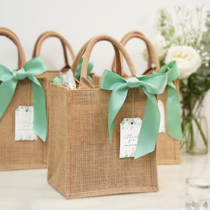 10 Pack Burlap Gift Bags for Wedding Welcome, Bachelorette, Beach, Bridesmaid - Small Bulk Reusable Jute tote with Sage Green Ribbons - Image 3
