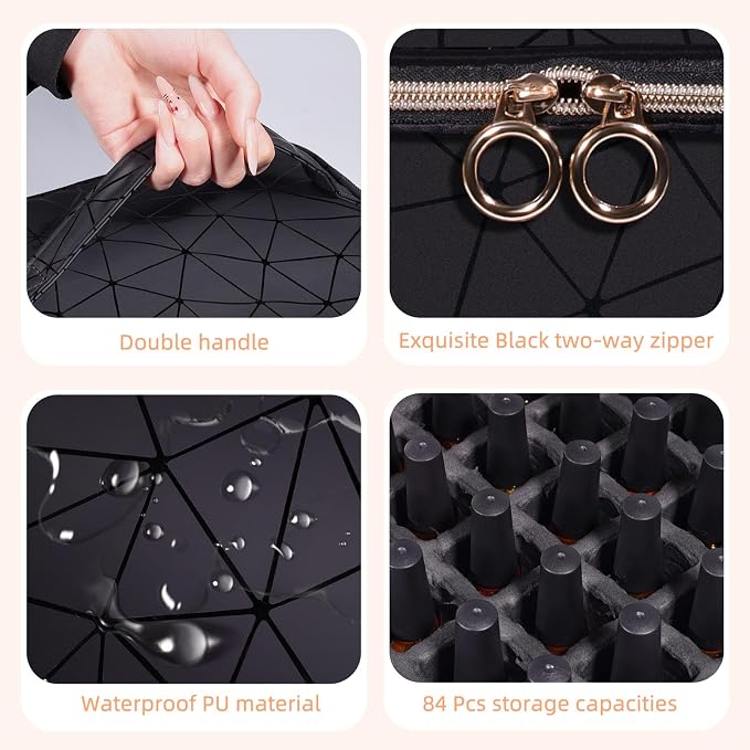 Nail Polish Organizer Case,3 Layer Nail Polish Organizer Bag Holds 84 Bottles (15ml/0.5 fl.oz) Nail Supplies Organizer,Nail Bag PU Leather Nail Carrying Nail Kit Supplies Organizer Case (Black) - Image 4
