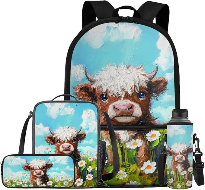 Cute Cow Kindergarten Backpack for Girls with Lunchbox Lightweight Preschool School Bag Set 4 In 1 Set Bookbag with Front Pocket Back to School Gifts for Students by Bivxisrvo