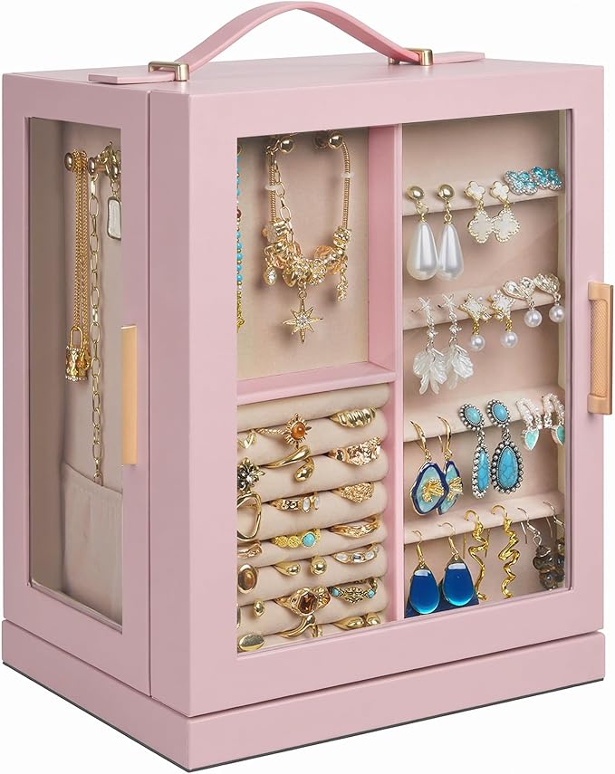 360° Rotating 5‑Drawers Jewelry Box with Top Handle & Glass Window, Spacious Vertical Jewelry Organizer, Jewelry Storage Case, Dustproof & Moisture‑resistant Design. (Pink) by Unknown