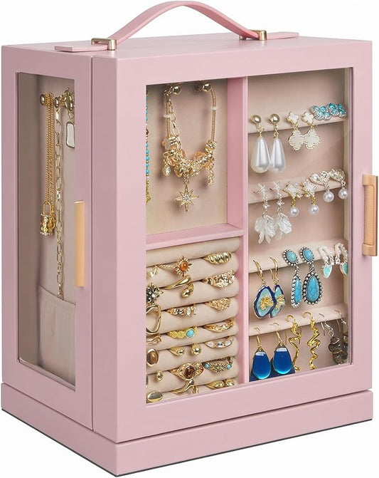 360° Rotating 5‑Drawers Jewelry Box with Top Handle & Glass Window, Spacious Vertical Jewelry Organizer, Jewelry Storage Case, Dustproof & Moisture‑resistant Design. (Pink) by Unknown