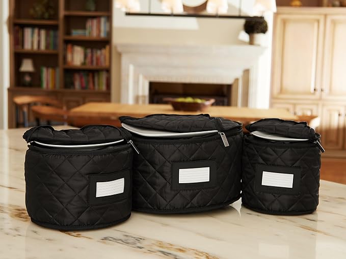 Covermates Keepsakes Dish Storage Set – Padded China & Dinnerware Storage Cases with Dividers, Cup & Stemware Storage, Quilted Polyester Protection, ID Window, Black - Image 4