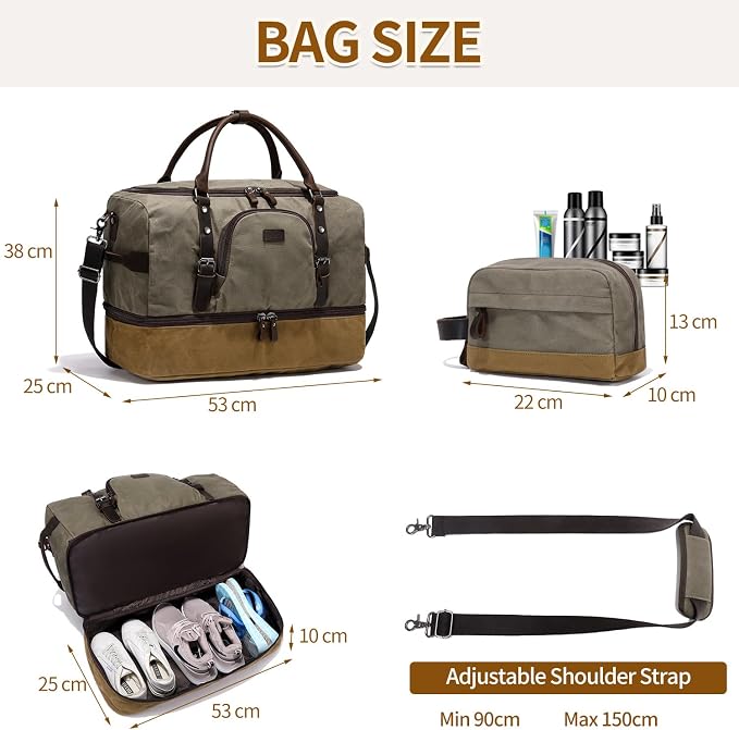 Nerlion Green Large Weekender Overnight Duffel Bag with Shoe Compartment and Leather Accents - Image 6