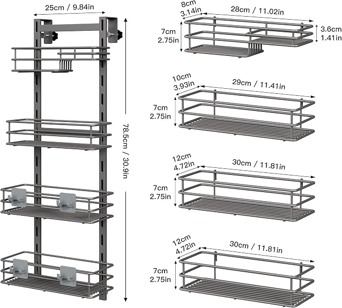 Orimade Over The Door Shower Caddy Adjustable 4 Tier Dark Grey,Bathroom Hanging Organizer Shelf Rustproof with 4 Hooks,Shower Basket with Soap Holder and Suction Cup - Image 6