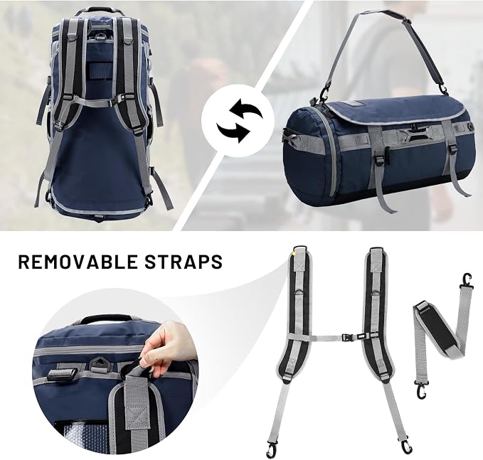 MIER Large Duffle Bag Backpack for Travel Camping Gym Sports, 45L/60L/90L | Water Resistant, Convertible Duffel, Detachable Backpack Straps, Shoe Compartment, Heavy-Duty Tarpaulin, 3 Sizes - Image 2