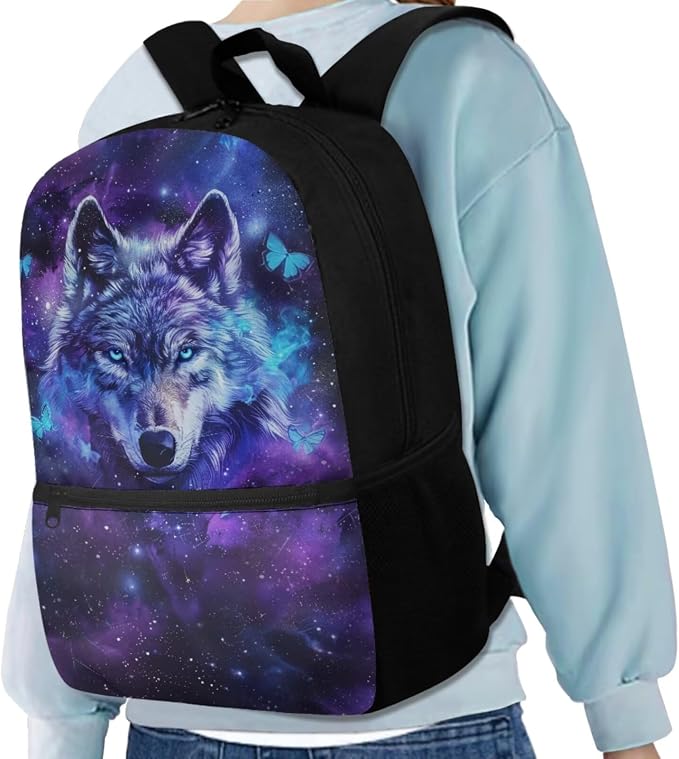 Galaxy Wolf Backpack for Girls Kids Backpack with Lunch Box Water Bottle Holder and Aesthetic Pencil Case 4PCS Set Bookbag with Front Pocket for School 17" Sturdy School Bag with Side Pocket - Image 2