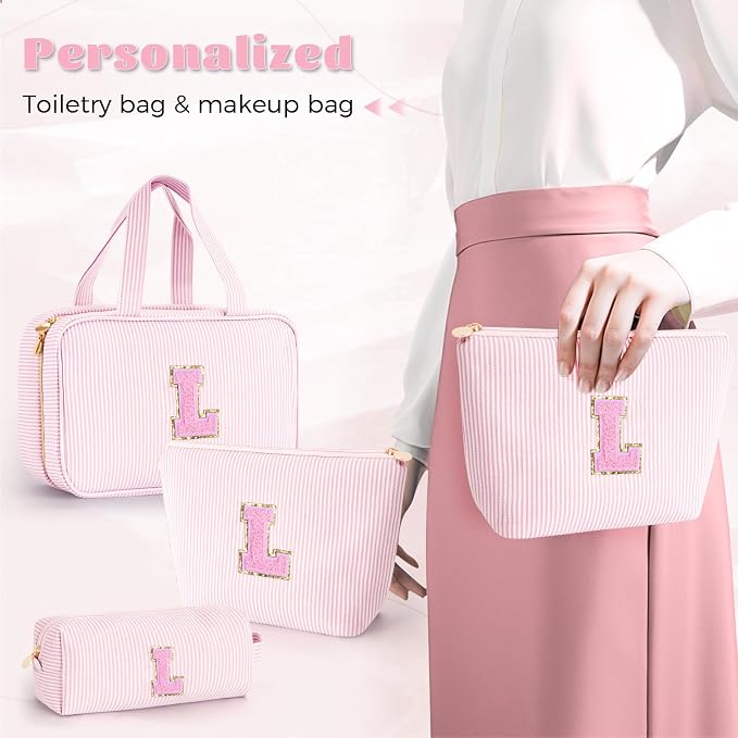 Gifts for Teen Girls Women - Travel Hanging Toiletry Bag & Makeup Bag - Personalized Initial Cosmetic Bag | Birthday Gift for Girl Trendy Stuff - Pink L - Image 4